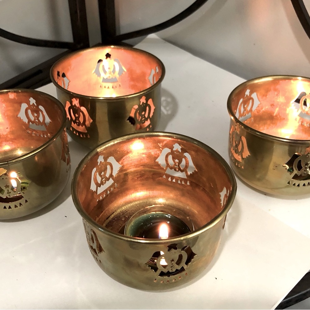 Solid Brass Angel Votives with Candle. Set of 4